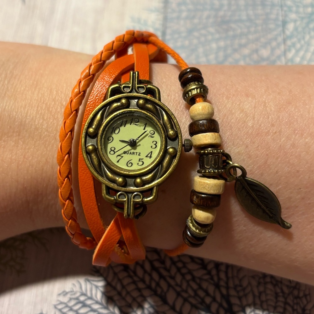 Orange Leather Wrap Bracelet Watch - Picture 1 of 8